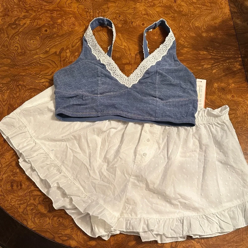 Colsie Blue Lace Bralette and White Ruffle Short Set L - Picture 1 of 9